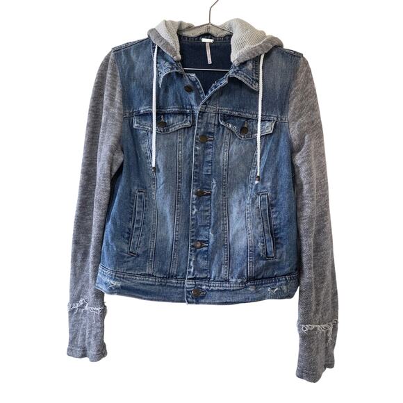 Free People Denim Sweater Jacket Colorblock Women Size M Blue Gray Raw Edge - Picture 1 of 13